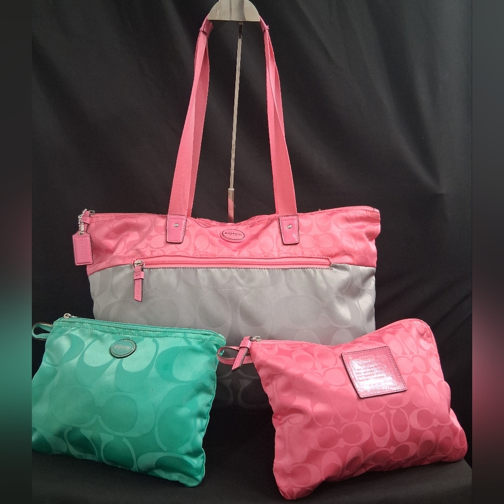 3 Peice Coach Signature Nylon Pink & Gray Getaway Weekender Tote/Duffle Bag